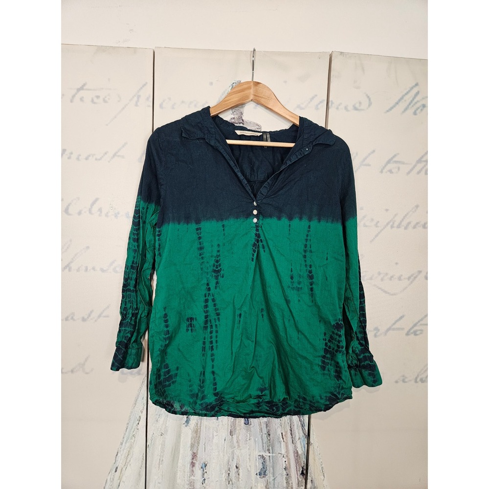 Soft Surroundings‎ 100% Cotton Tunic Blouse M Green Navy Tie Dye Ombre Boho